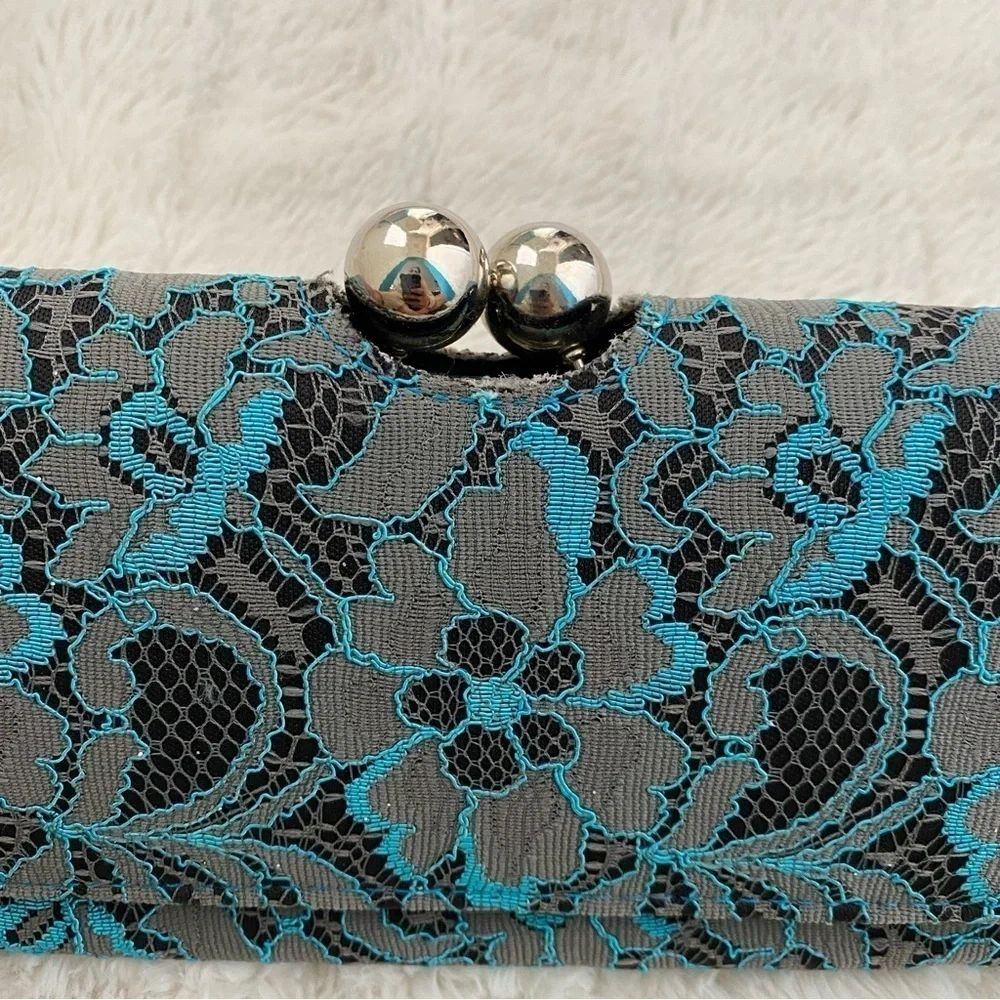 Elegant Gray and Blue Lace Clutch Wallet